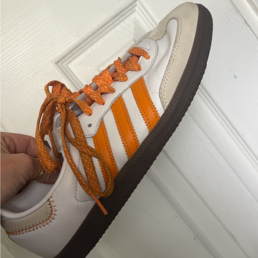 Adidas White and Orange Trainers with Brown Soles